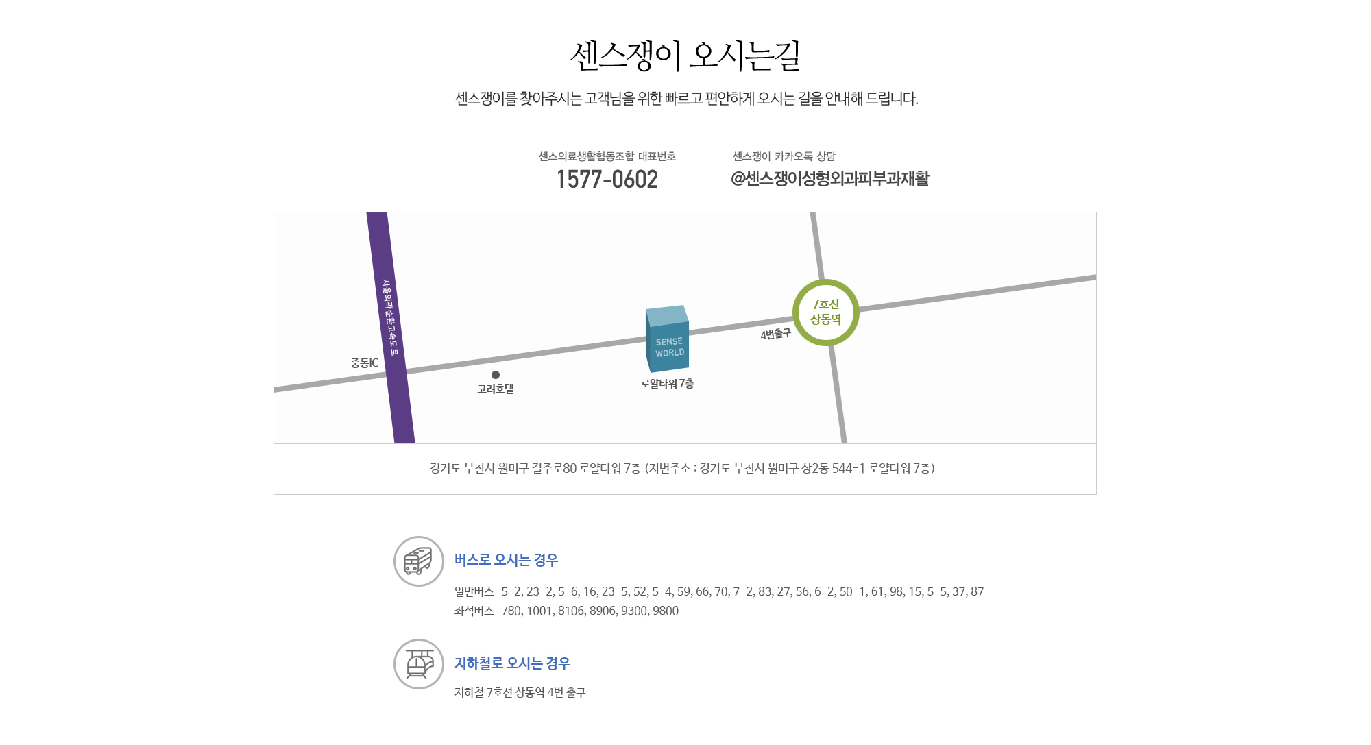 센스쟁이 오시는길 센스쟁이를 찾아주시는 고객님을 위한 빠르고 편안하게 오시는 길을 안내해 드립니다. 센스의료생활협동조합 대표번호:1577-0602,센스쟁이 카카오톡 상담:sense0602 / 경기도 부천시 원미구 길주로80 로얄타워 7층 (지번주소 : 경기도 부천시 원미구 상2동 544-1 로얄타워 7층) / 버스로 오시는 경우:일반버스   5-2, 23-2, 5-6, 16, 23-5, 52, 5-4, 59, 66, 70, 7-2, 83, 27, 56, 6-2, 50-1, 61, 98, 15, 5-5, 37, 87 / 좌석버스   780, 1001, 8106, 8906, 9300, 9800 / 지하철로 오시는 경우:지하철 7호선 상동역 4번 출구