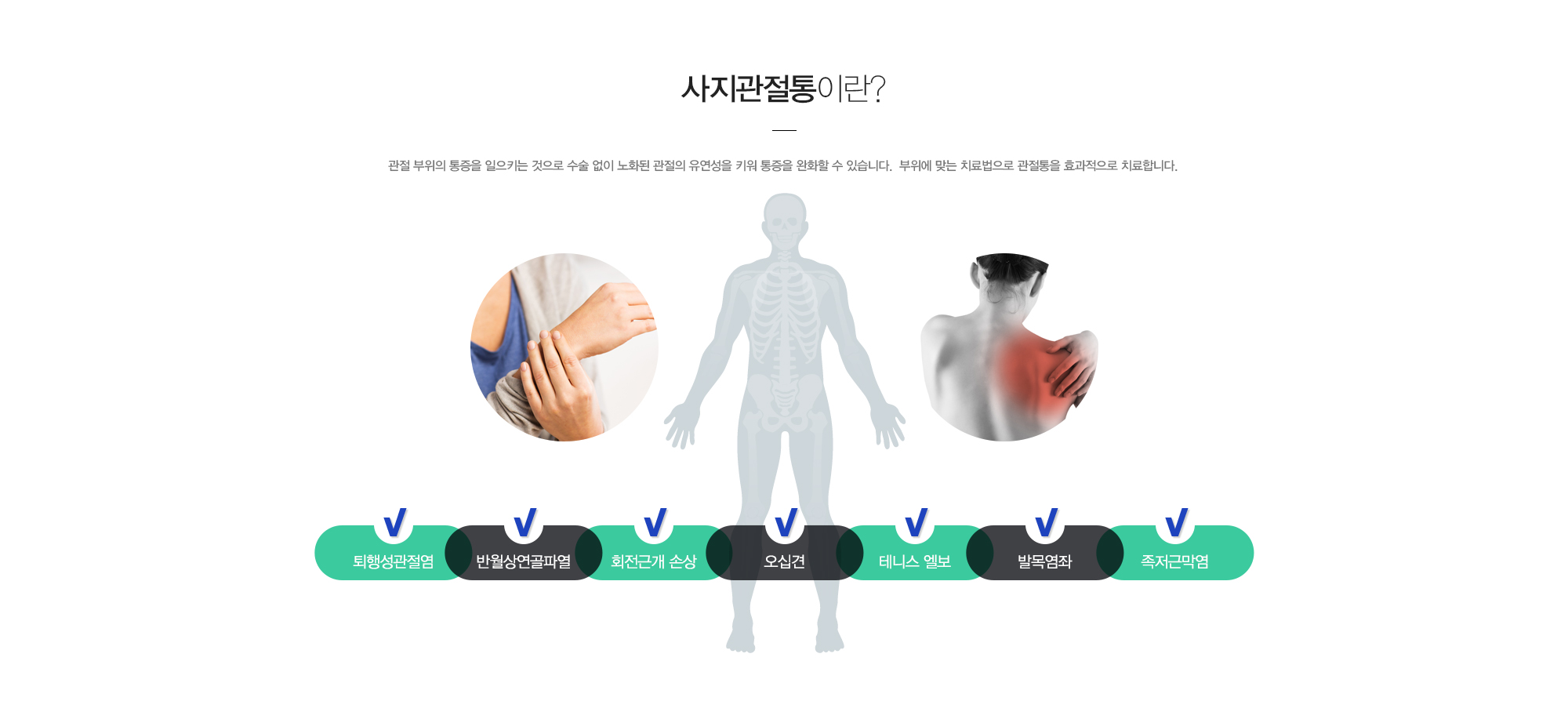 사지관절통이란?관절 부위의 통증을 일으키는 것으로 수술 없이 노화된 관절의 유연성을 키워 통증을 완화할 수 있습니다.  부위에 맞는 치료법으로 관절통을 효과적으로 치료합니다. 1)퇴행성관절염 2)반월상연골파열 3)회전근개 손상 4)오십견 5)테니스엘보 6)발목염좌 7)족저근막염