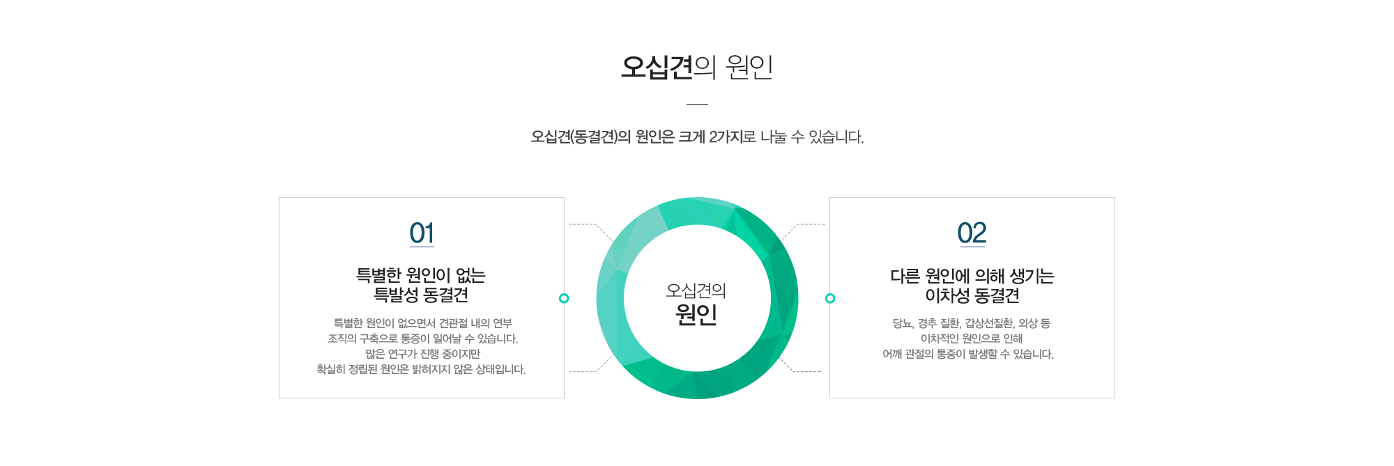 오십견의 원인:오십견(동결견)의 원인으로는 크게 2가지로 나눌 수 있습니다. 1)특별한 원인이 없는 특발성 동결견-특별한 원인이 없으면서 견관절 내의 연부 조직의 구축으로 통증이 일어날 수 있습니다. 많은 연구가 진행 중이지만 확실히 정립된 원인은 밝혀지지 않은 상태입니다. 2)다른 원인에 의해 생기는 이차성 동결견-물리치료는 운동범위를 늘려주는 치료로 정규적인 치료를 통해 수술적 치료 없이도 잘 회복될 수 있습니다. 충분한 스트레칭 후 물리치료를 진행해야 신체에 큰 충격을 주지 않습니다.