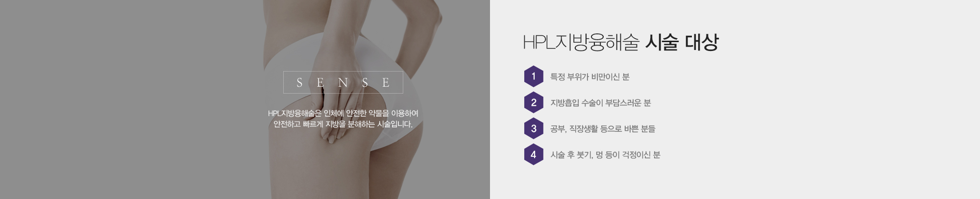 HPL지방융해술 시술 대상:1)특정 부위가 비만이신 분 2)지방흡입 수술이 부담스러운 분  3)공부, 직장생활 등으로 바쁜 분들 4)시술 후 붓기, 멍 등이 걱정이신 분