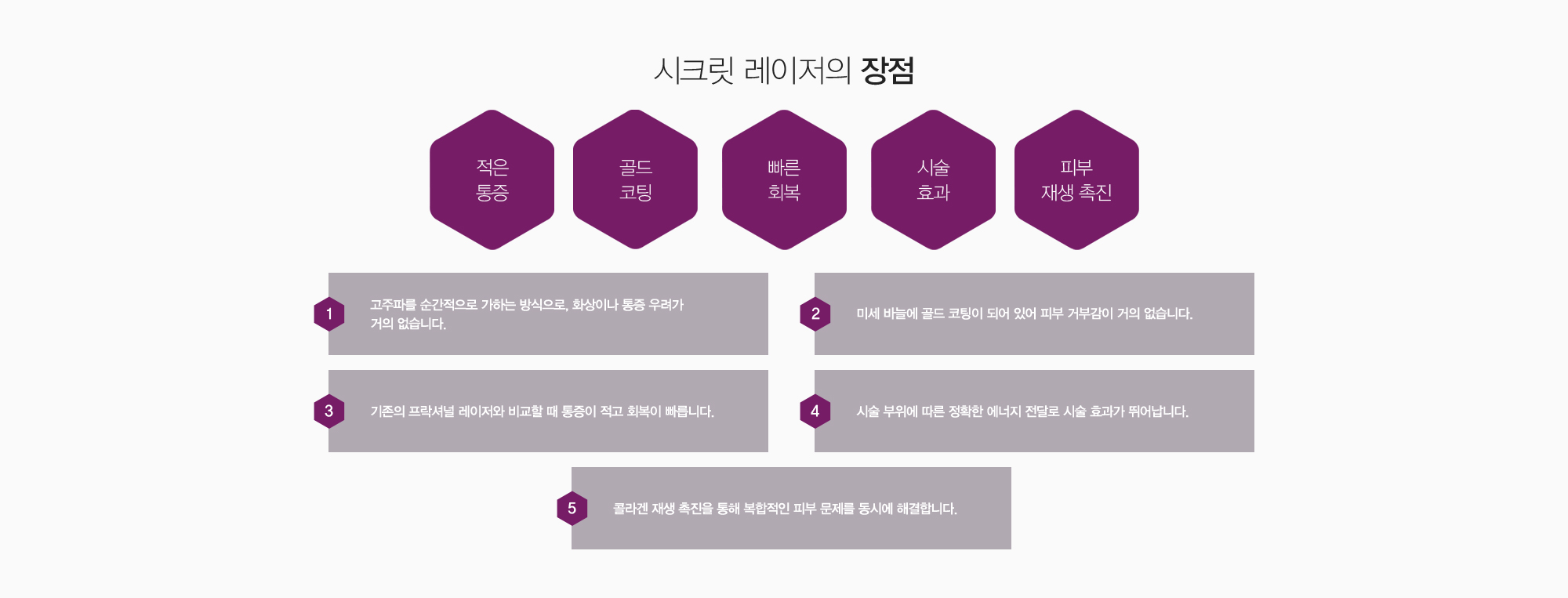 프락셀 레이저의 장점:적은통증,골드코팅,빠른회복,시술효과,피부재생촉진 1)고주파를 순간적으로 가하는 방식으로, 화상이나 통증 우려가 거의 없습니다. 2)미세 바늘에 골드 코팅이 되어 있어 피부 거부감이 거의 없습니다. 3)기존의 프락셔널 레이저와 비교할 때 통증이 적고 회복이 빠릅니다. 4)시술 부위에 따른 정확한 에너지 전달로 시술 효과가 뛰어납니다. 5)콜라겐 재생 촉진을 통해 복합적인 피부 문제를 동시에 해결합니다.