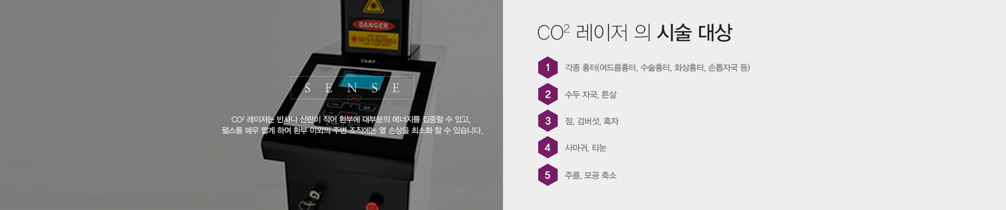 CO2 레이저 의 시술 대상 1)각종 흉터(여드름흉터, 수술흉터, 화상흉터, 손톱자국 등) 2)수두 자국, 튼살 3)점, 검버섯, 흑자 4)사마귀, 티눈 5)주름, 모공 축소