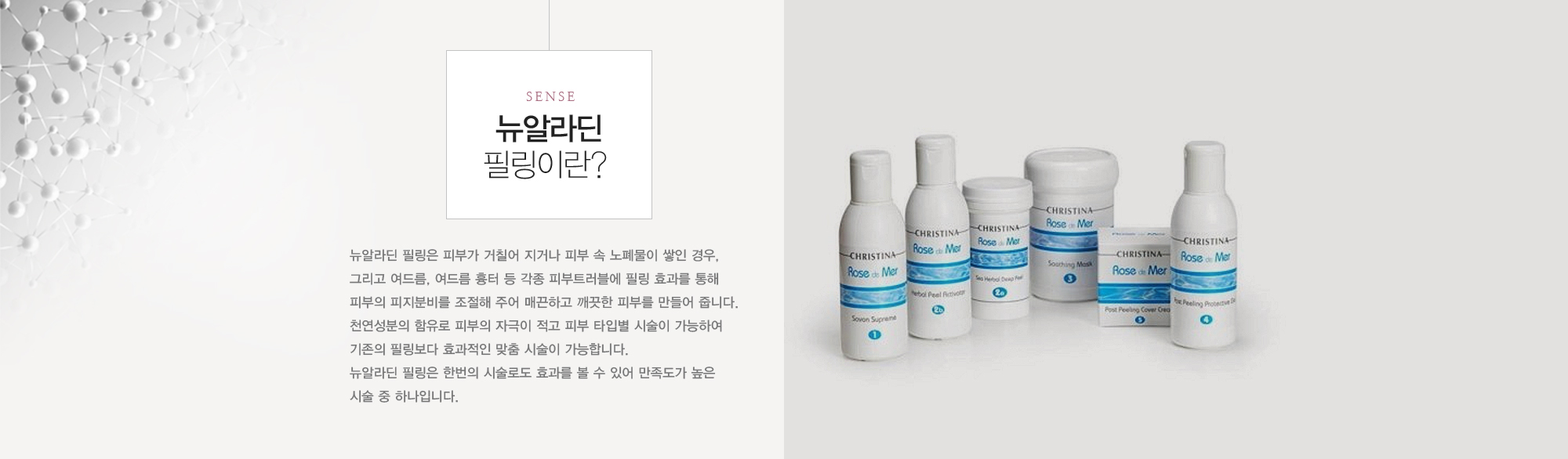 뉴알라딘 필링은 피부가 거칠어 지거나 피부 속 노폐물이 쌓인 경우, 그리고 여드름, 여드름 흉터 등 각종 피부트러블에 필링 효과를 통해 피부의 피지분비를 조절해 주어 매끈하고 깨끗한 피부를 만들어 줍니다. 천연성분의 함유로 피부의 자극이 적고 피부 타입별 시술이 가능하여 기존의 필링보다 효과적인 맞춤 시술이 가능합니다. 뉴알라딘 필링은 한번의 시술로도 효과를 볼 수 있어 만족도가 높은 시술 중 하나입니다.