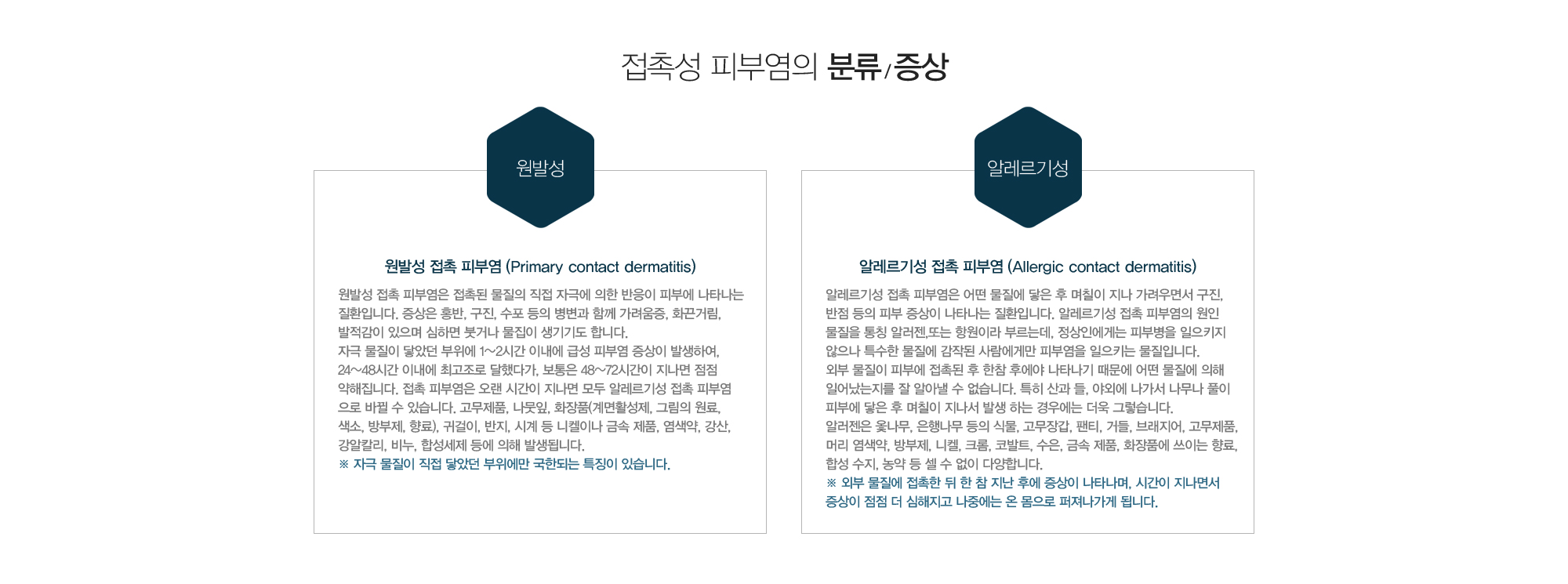 접촉성 피부염의 분류 / 증상 원발성 접촉 피부염 (Primary contact dermatitis):원발성 접촉 피부염은 접촉된 물질의 직접 자극에 의한 반응이 피부에 나타나는 질환입니다. 증상은 홍반, 구진, 수포 등의 병변과 함께 가려움증, 화끈거림, 발적감이 있으며 심하면 붓거나 물집이 생기기도 합니다.자극 물질이 닿았던 부위에 1~2시간 이내에 급성 피부염 증상이 발생하여, 24~48시간 이내에 최고조로 달했다가, 보통은 48~72시간이 지나면 점점 약해집니다. 접촉 피부염은 오랜 시간이 지나면 모두 알레르기성 접촉 피부염으로 바뀔 수 있습니다. 고무제품, 나뭇잎, 화장품(계면활성제, 그림의 원료, 색소, 방부제, 향료), 귀걸이, 반지, 시계 등 니켈이나 금속 제품, 염색약, 강산, 강알칼리, 비누, 합성세제 등에 의해 발생됩니다.※ 자극 물질이 직접 닿았던 부위에만 국한되는 특징이 있습니다. 알레르기성 접촉 피부염 (Allergic contact dermatitis):알레르기성 접촉 피부염은 어떤 물질에 닿은 후 며칠이 지나 가려우면서 구진, 반점 등의 피부 증상이 나타나는 질환입니다. 알레르기성 접촉 피부염의 원인 물질을 통칭 알러젠,또는 항원이라 부르는데, 정상인에게는 피부병을 일으키지 않으나 특수한 물질에 감작된 사람에게만 피부염을 일으키는 물질입니다. 외부 물질이 피부에 접촉된 후 한참 후에야 나타나기 때문에 어떤 물질에 의해 일어났는지를 잘 알아낼 수 없습니다. 특히 산과 들, 야외에 나가서 나무나 풀이 피부에 닿은 후 며칠이 지나서 발생 하는 경우에는 더욱 그렇습니다. 알러젠은 옻나무, 은행나무 등의 식물, 고무장갑, 팬티, 거들, 브래지어, 고무제품, 머리 염색약, 방부제, 니켈, 크롬, 코발트, 수은, 금속 제품, 화장품에 쓰이는 향료, 합성 수지, 농약 등 셀 수 없이 다양합니다.※ 외부 물질에 접촉한 뒤 한 참 지난 후에 증상이 나타나며, 시간이 지나면서 증상이 점점 더 심해지고 나중에는 온 몸으로 퍼져나가게 됩니다.