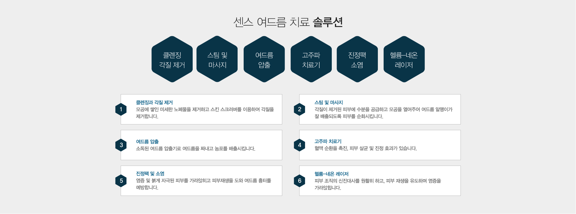 센스 여드름 치료 솔루션:1)클렌징과 각질 제거 모공에 쌓인 미세한 노폐물을 제거하고 스킨 스크러버를 이용하여 각질을 제거합니다.2)스팀 및 마사지 각질이 제거된 피부에 수분을 공급하고 모공을 열어주어 여드름 알맹이가 잘 배출되도록 피부를 순화시킵니다.3)여드름 압출 소독된 여드름 압출기로 여드름을 짜내고 농포를 배출시킵니다. 4)고주파 치료기 혈액 순환을 촉진, 피부 살균 및 진정 효과가 있습니다. 5)진정팩 및 소염 염증 및 붉게 자극된 피부를 가라앉히고 피부재생을 도와 여드름 흉터를 예방합니다. 6)헬륨-네온 레이저 피부 조직의 신진대사를 원활히 하고, 피부 재생을 유도하며 염증을 가라앉힙니다.