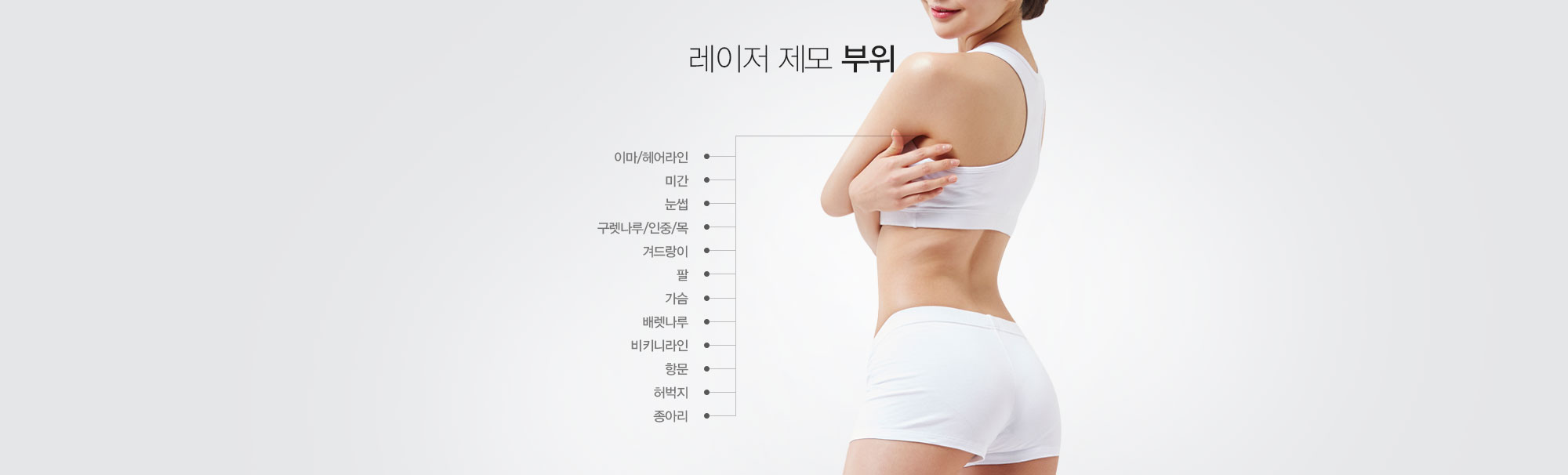 레이저 제모 부위:이마/헤어라인,미간,눈썹,구렛나루/인중/목,겨드랑이,팔,가슴,배렛나루,비키니라인,항문,허벅지,종아리