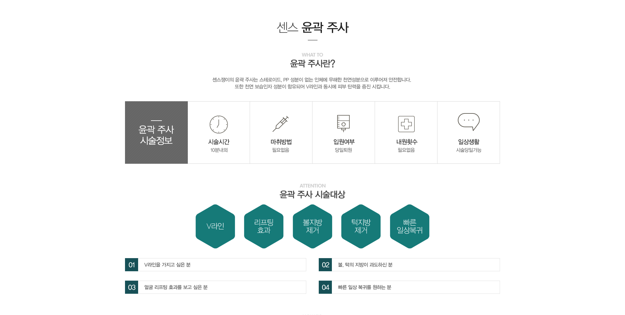 윤곽주사란?센스쟁이의 윤곽주사는 스테로이드, PP성분이 없는 인체에 무해한 천연성분으로 이루어져 안전합니다. 또한 천연보습인자 성분이 함유되어 V라인과 동시에 피부탄력을 증진 시킵니다. //윤곽주사시술정보:시술시간:10분내외,마취필요없음,당일퇴원,내원필요없음,일상생활바로가능//윤곽주사 시술대상:1)V라인을 가지고 싶은 분2)볼, 턱의 지방이 과도하신 분3)얼굴 리프팅 효과를 보고 싶은 분4)빠른 일상복귀를 원하는 분