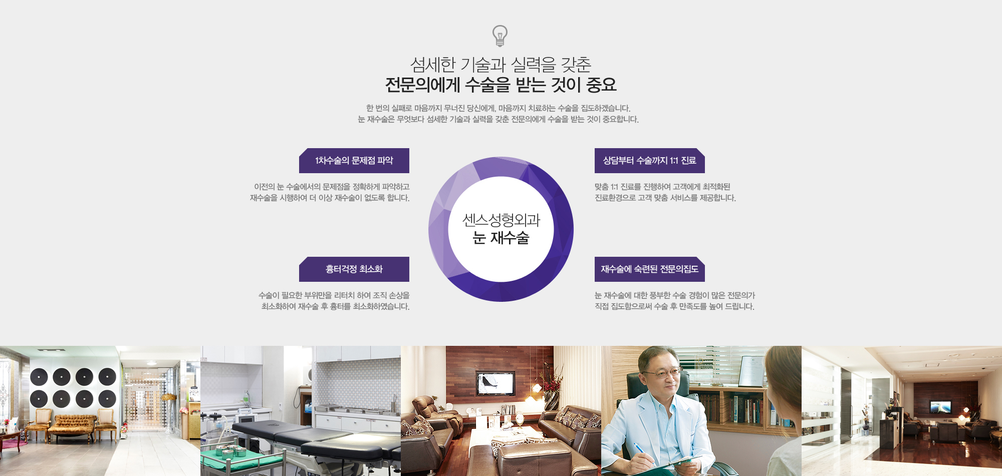 센스 눈성형의 눈 재수술 특징 1차수술의 문제점 파악-이전의 눈 수술에서의 문제점을 정확하게 파악하고 재수술을 시행하여 더 이상 재수술이 없도록 합니다. 상담부터 수술까지 1:1 진료-맞춤 1:1 진료를 진행하여 고객에게 최적화된 진료환경으로 고객맞춤서비스는 제공합니다. 흉터걱정 최소화-수술이 필요한 부위만을 리터치 하여 조직손상을 최소화하여 재수술 후 흉터를 최소화하였습니다. 재수술에 숙련된 전문의집도-눈재수술에 대한 풍부한 수술 경험이 많은 전문의가 직접 집도함으로써 수술 후 만족도를 높여 드립니다. 