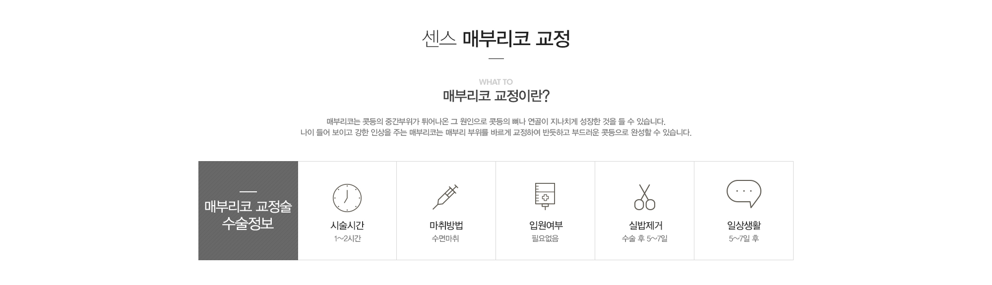 매부리코 교정이란? 매부리코는 콧등의 중간부위가 튀어나온 그 원인으로 콧등의 뼈나 연골이 지나치게 성장한 것을 들 수 있습니다. 나이들어보이고 강한 인상을 주는 매부리코는 매부리부위를 바르게 교정하여 반듯하고 부드러운 콧등으로 완성할 수 있습니다. 매부리코 교정술 수술정보:시술시간1-2시간,수면마취,입원필요없음,실밥제거수술후5-7일,일상생활5-7일후