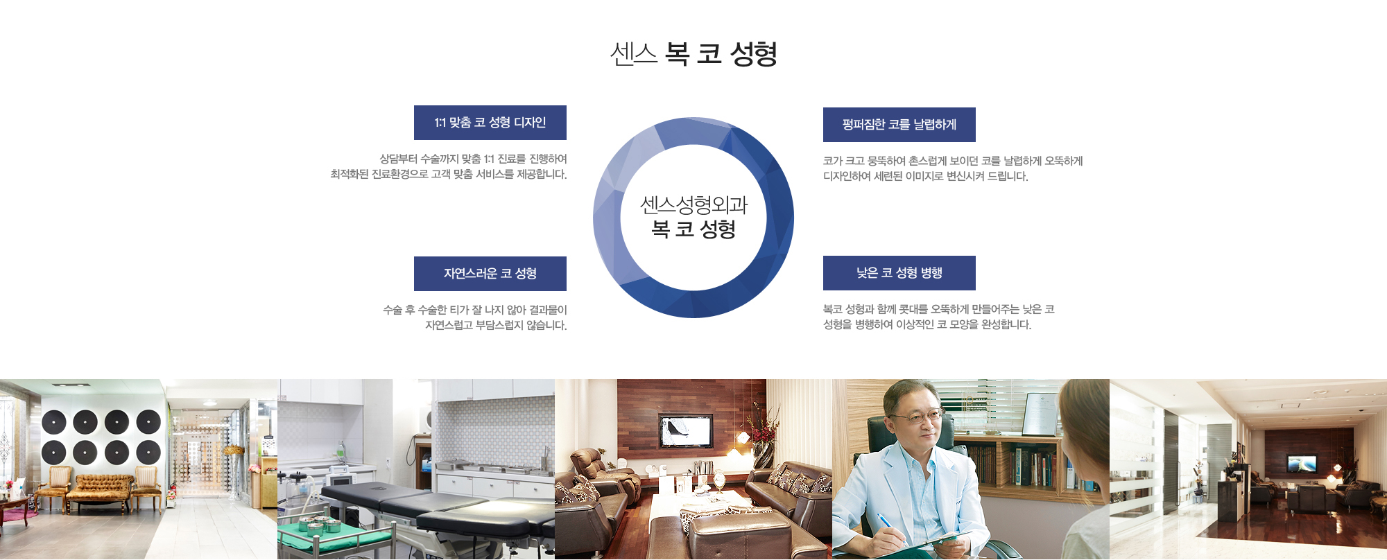 센스성형외과 복 코 성형:1:1 맞춤 코성형 디자인 -상담부터 수술까지 맞춤 1:1 진료를 진행하여  최적화된 진료환경으로 고객맞춤서비스를 제공합니다./얼굴비율에 맞는 코길이-얼굴에 비해 짧았던 코의 길이를 빼주어 얼굴비율에 맞는 황금비율의 코길이로 완성합니다./자연스러운 코성형-수술 후 수술한 티가 잘 나지 않아 결과물이 자연스럽고 부담스럽지 않습니다./콧구멍의 노출범위를 줄임-코끝이 들려 콧구멍이 많이 노출되었던 점을 개선하여 돼지코처럼 보이던 현상을 개선합니다. 